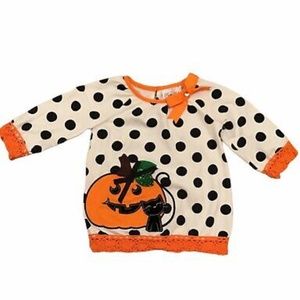 Rare Editions 18M 18 Months Orange Pumpkin Black Cat Polka Dot Halloween Shirt